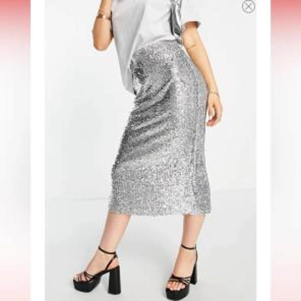 NEW Gianni Bini Silver Sequins Sparkle Midi Skirt Slit Party Festival XS X-Small